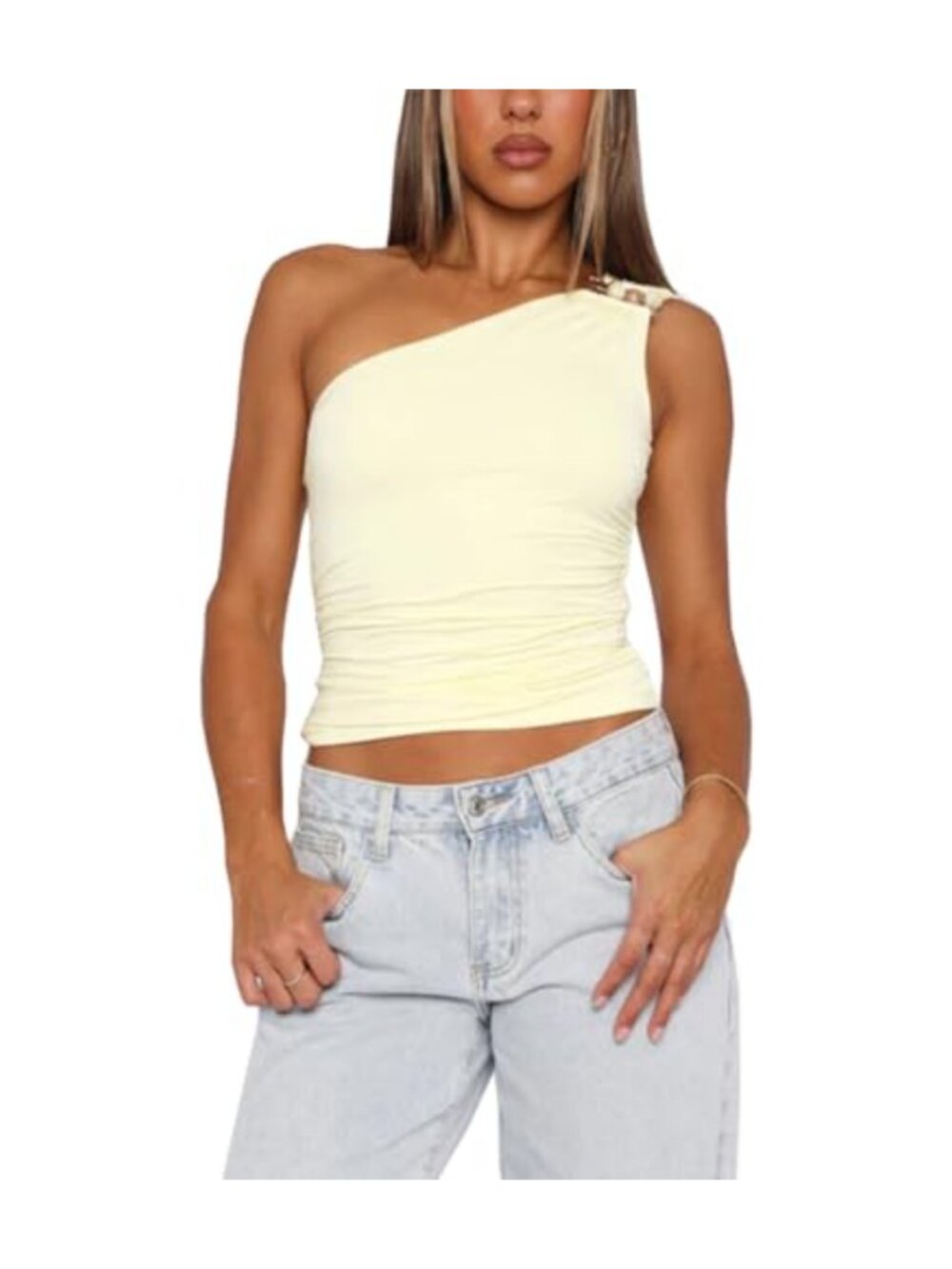 Womens Sleeveless One Shoulder Asymmetrical Crop Tank Top Y2K Club Party